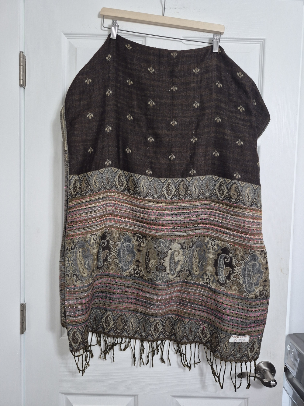 pashmina Brown Paisley & Striped Fringe Wrap Scarf 100% Cashmere